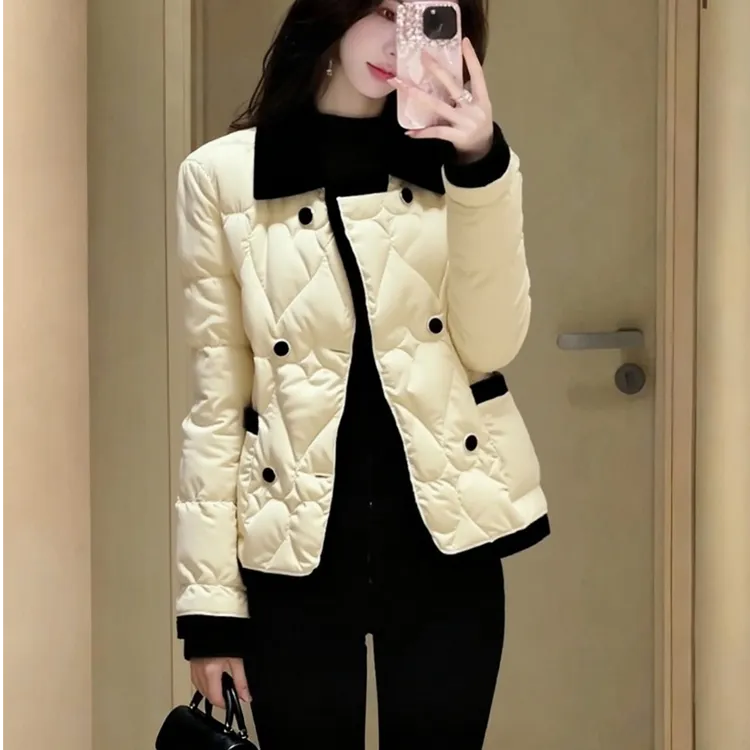 正品哥家2025冬季新款POLO无帽加厚米杏色小香风棉服外套女款爆款