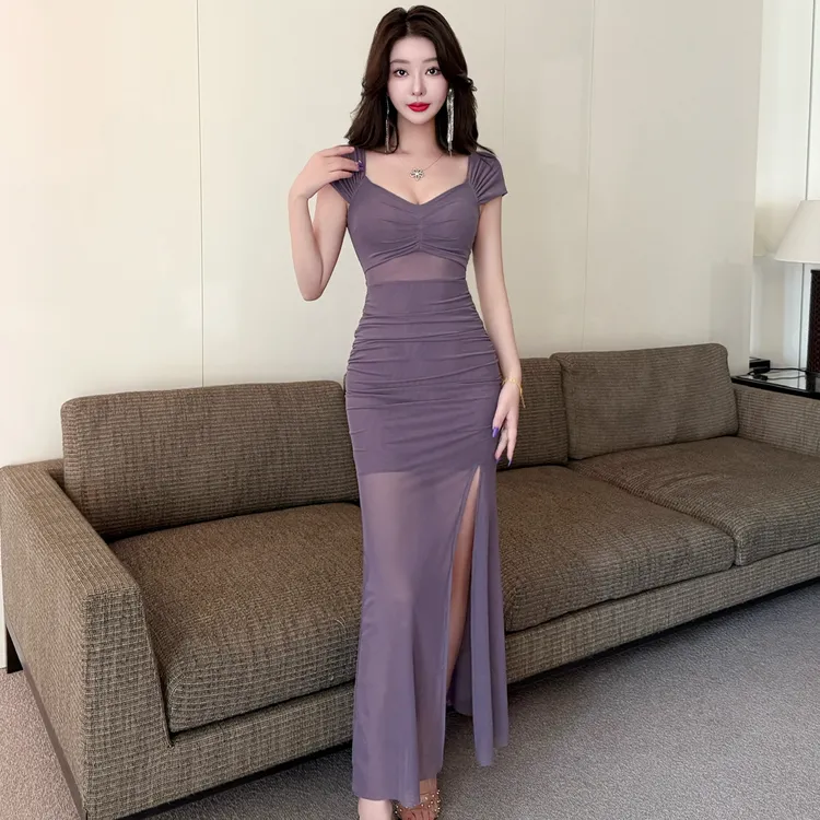 网纱低胸纯欲名媛气质开衩打底吊带包臀连衣裙夜场店技师上班女装