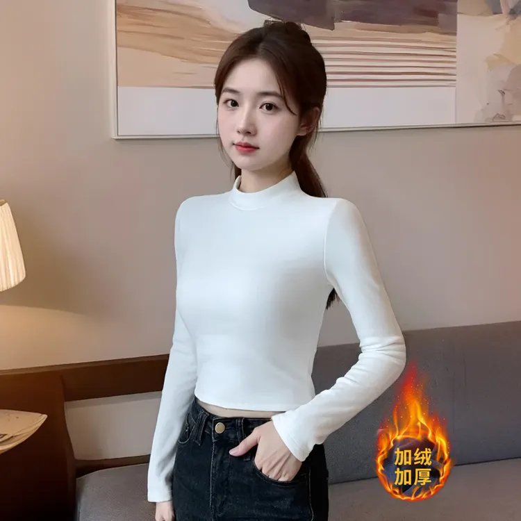 秋冬加绒半高领紧身洋气显瘦黑色双面绒长袖女打底衫内搭短款上衣