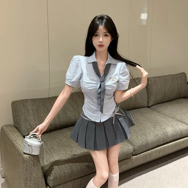 蓝色学院风高腰百褶裙JK制服套装夏季纯欲气质显瘦衬衫辣妹两件套