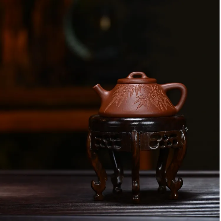 当代 雲松堂【启瓢】 紫泥精工半手 刻绘竹 130cc