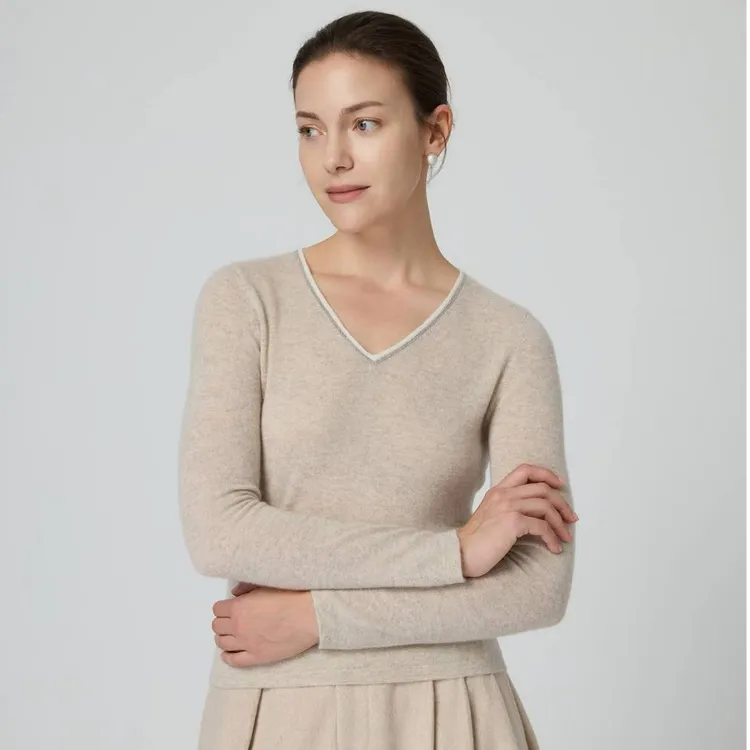 V领长袖抗静电羊绒衫重工链条钉珠链薄款修身百搭打底衫减龄年轻
