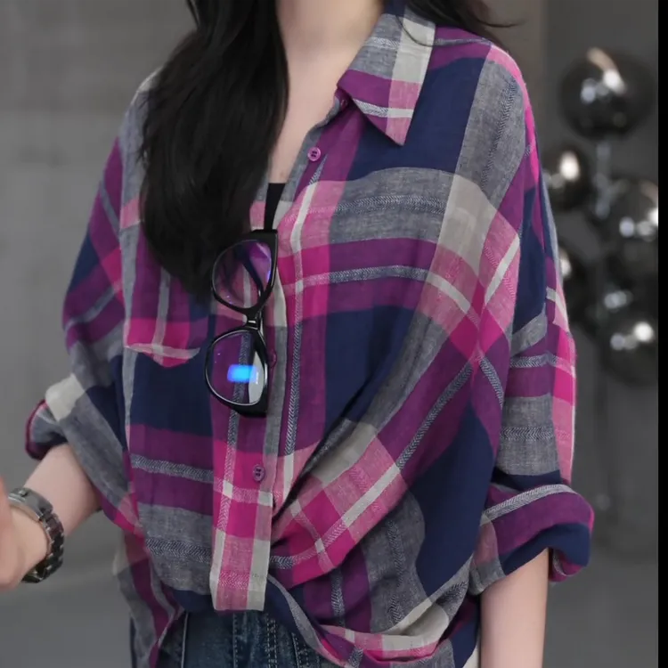 幻紫交织 前襟扭结格子棉麻衬衫宽松慵懒显瘦休闲衬衣