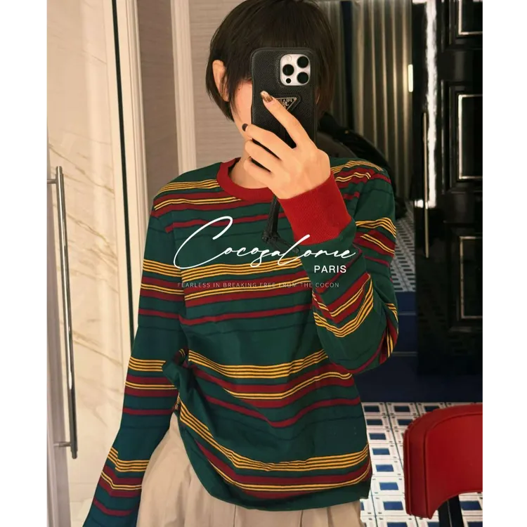 韩彬彬"谬谬"100%纯棉元气活力减龄彩色条纹圆领长袖T恤女3305-8