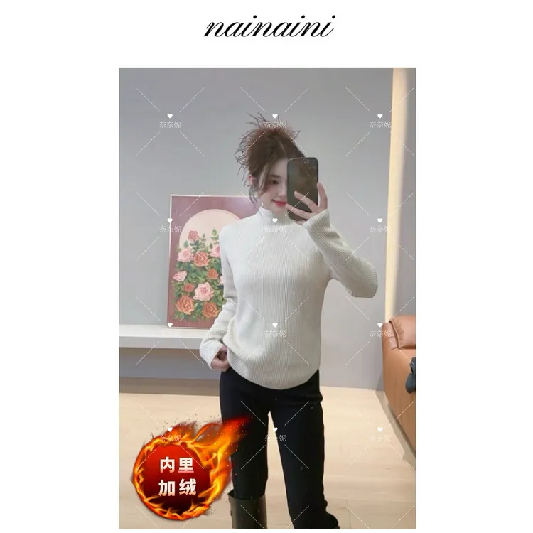 奈奈妮【淡奶油】加绒针织毛衣女2025小个子秋冬时尚百搭7802