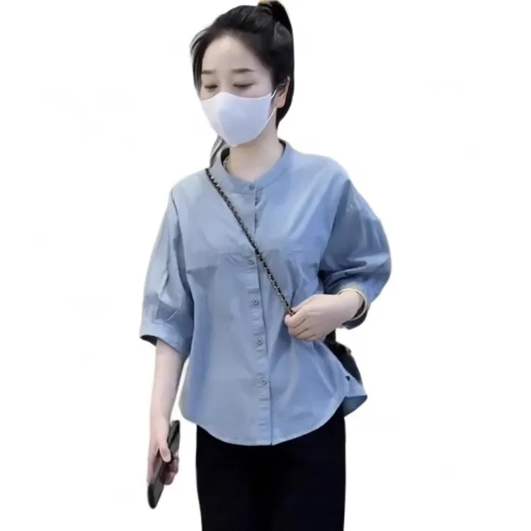 洋气减龄中袖衬衫女2025夏季宽松简约休闲显瘦百搭翻领上衣服
