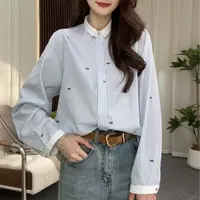 【9410】新款复古撞色翻领条纹印花蝴蝶结长袖衬衫