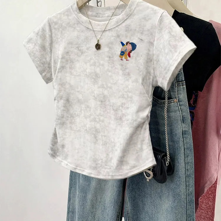 独特小上衣清纯2025新款夏季掐腰修身白色扎染正肩显瘦短袖t恤女