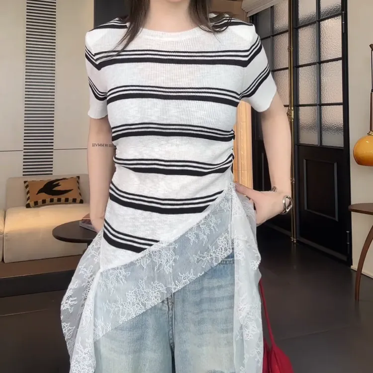 设计感百搭下摆飘带蕾丝不规则短袖T恤LK2503460
