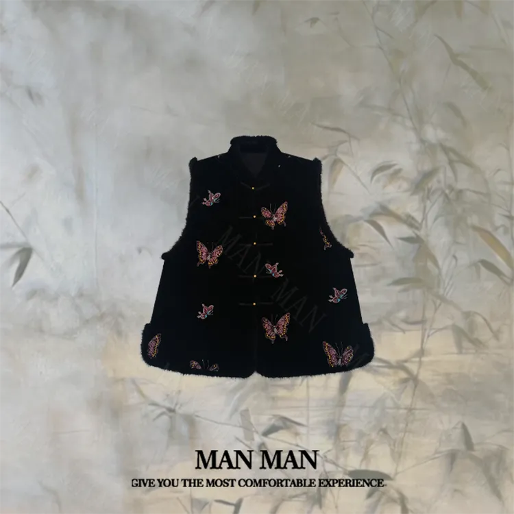 满满出品-『粉蝶墨绒国风棉马甲』25434重工刺绣百搭时尚中式保暖