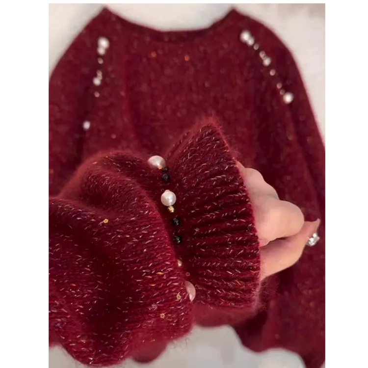 韩系高级感气质珍珠毛衣女2026秋冬新款别致洋气休闲百搭针织长袖