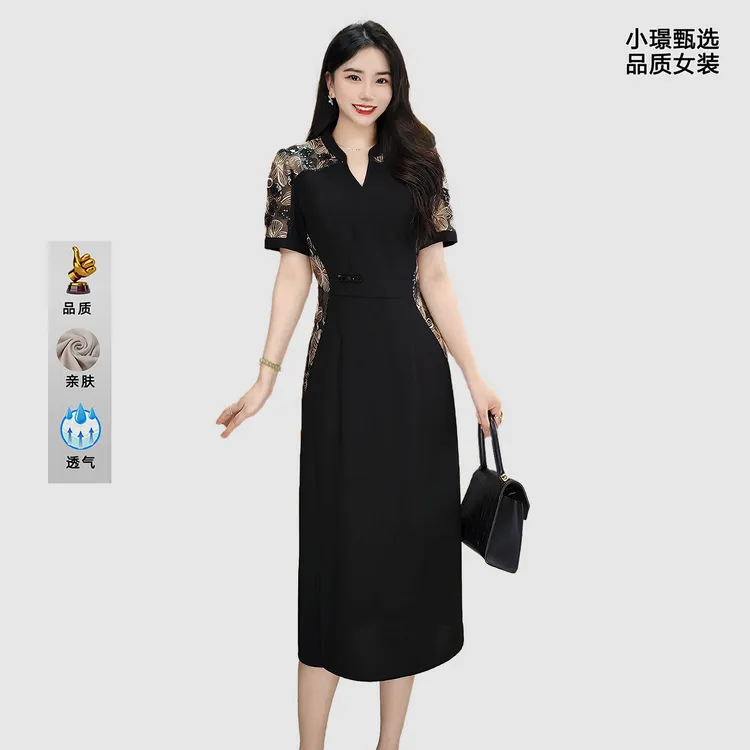 2025法式拼接刺绣时尚名媛减龄修身显瘦掐腰透气百搭连衣裙M-4XL