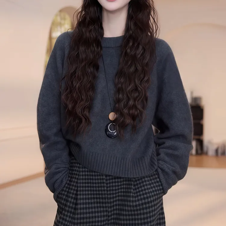 韩系慵懒风针织衫毛衣2025冬季新款宽松加绒格子休闲裤时尚两件套