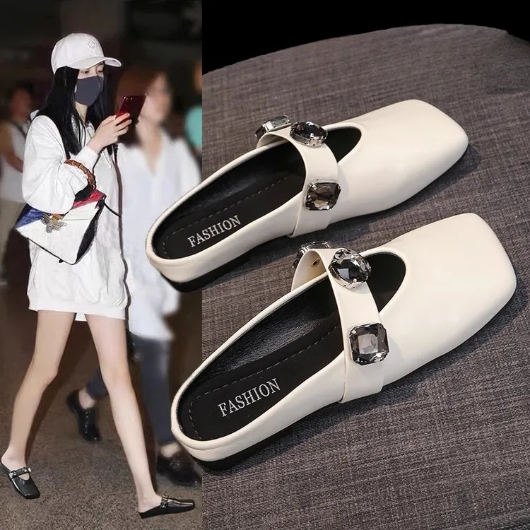 品牌旗下鞋柜2025年新款法式水钻方头半拖鞋女外穿包头懒人穆勒鞋