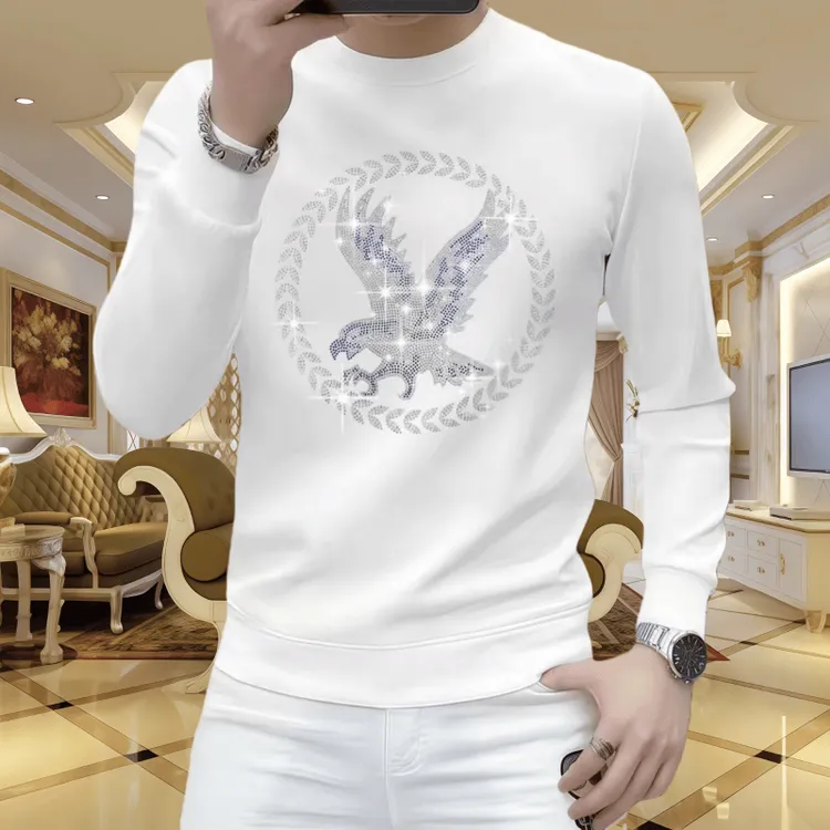 欧洲站烫钻新款秋冬潮流男士长袖卫衣修身圆领时尚百搭休闲打底衫