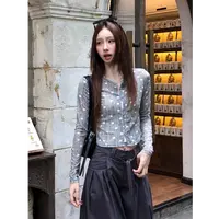 早秋新款印花波点短款长袖针织开衫小众辣妹L3863