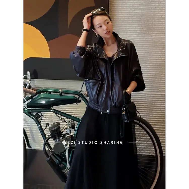 【黑标皮系列】重磅奢牌绵羊皮稀缺色时髦翻领机车皮衣外套25324009