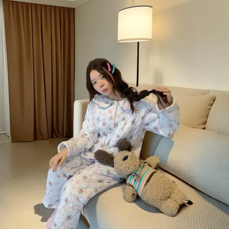 三层棉家居服套装长袖加厚甜美女松紧带套装睡衣印花
