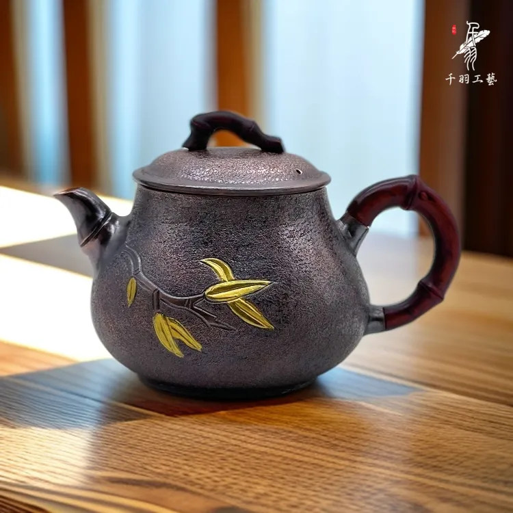 【千羽铜壶】复古思婷錾刻竹叶冲泡壶纯手工锤纹精品茶具茶器