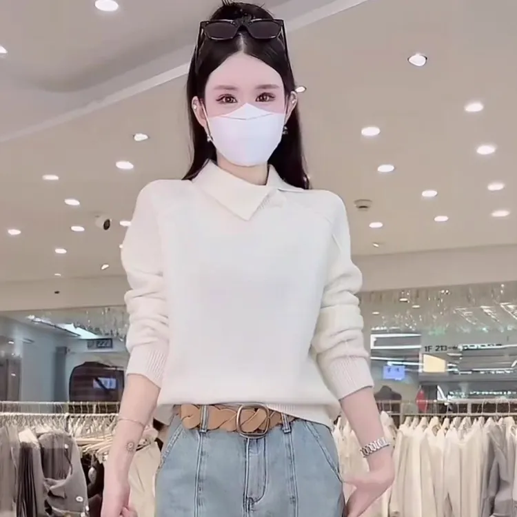 拉夏贝尔翻领外穿针织衫2025新款秋冬季设计感独特毛衣小上衣