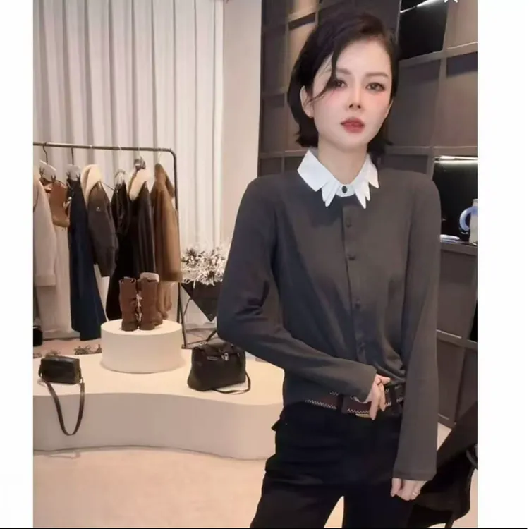 《姚家优麦汇》Y7395冬款磨毛衬衫领设计感百搭长袖显瘦上衣款女