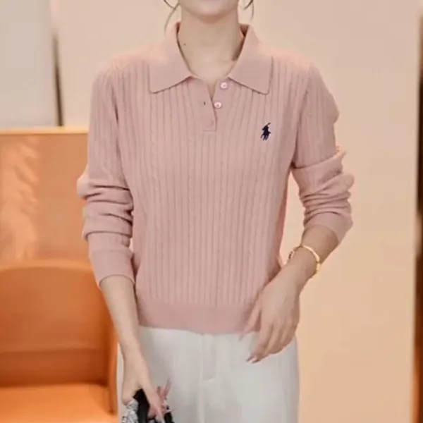 时尚POLO领长袖针织衫女2025秋季新款休闲宽松显瘦百搭毛衣打底衫