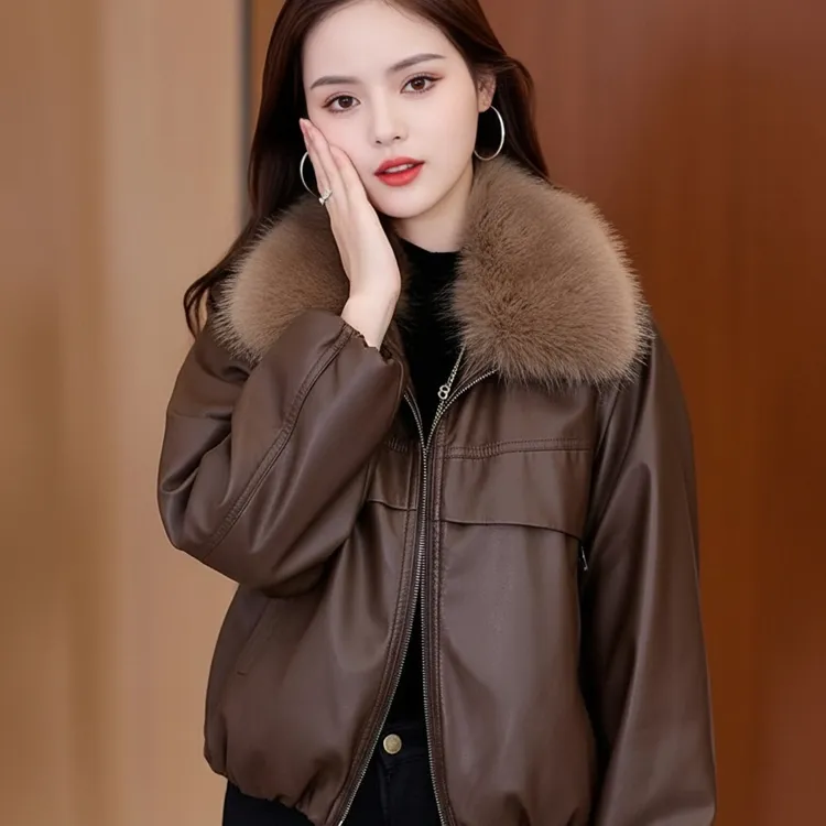 加绒加厚皮衣外套女2025冬季新款时髦洋气保暖短款百搭皮夹克2282