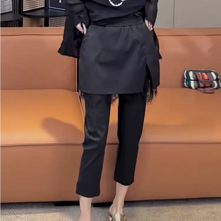 欧货时尚蕾丝拼接围裙裤女2025秋新百搭假两件裙裤面膜裤打底裤