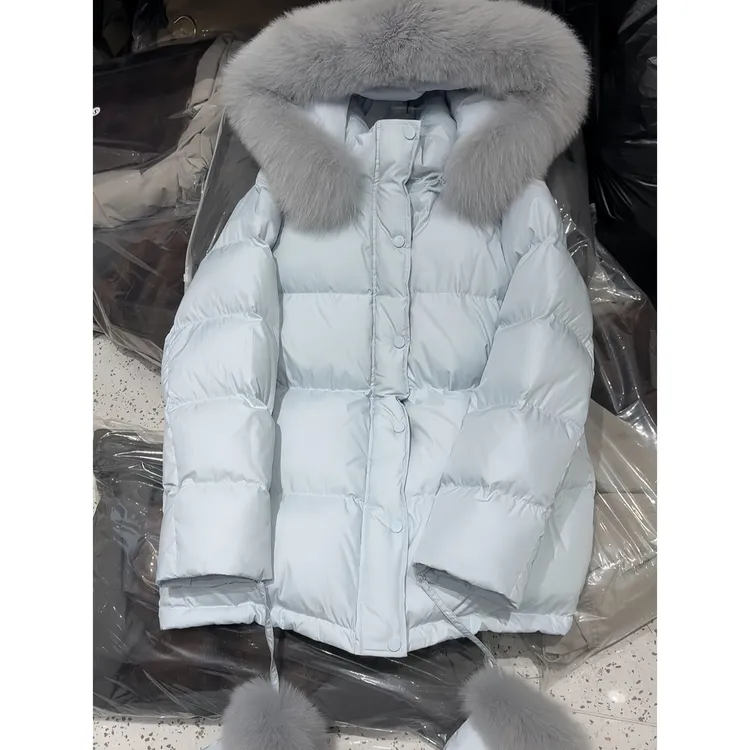 韩系连帽蓝色棉服上衣女2025新款初冬季独特超好看今年流行中长款