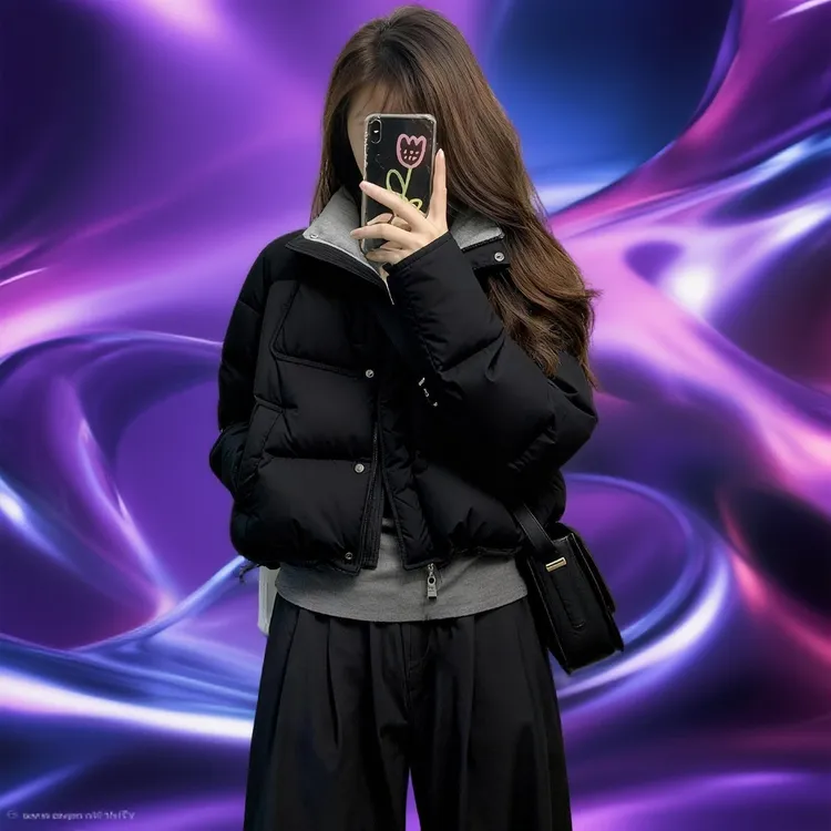 2025年新款黑色短款棉服女韩版百搭撞色设计外套加厚保暖面包服冬
