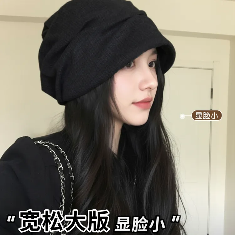 鸭舌堆堆帽子女2025新款时尚潮流大头围显脸小保暖褶皱包头帽冷帽