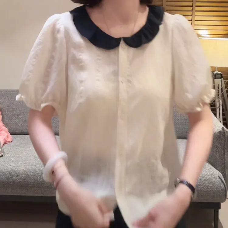  韩版荷叶边娃娃领短袖衬衫上衣女2025夏季新款气质洋气百搭衬衣