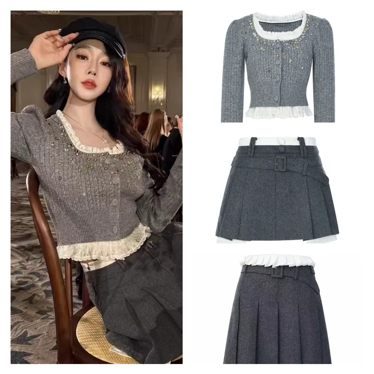 韩系外套假两件蕾丝拼接钉珠短款毛衣开衫叠穿miu系针织衫25秋冬