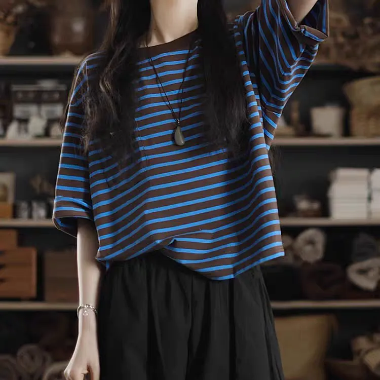 印之恋夏季条纹通勤短袖落肩袖极简风圆领T恤套头短款休闲复古