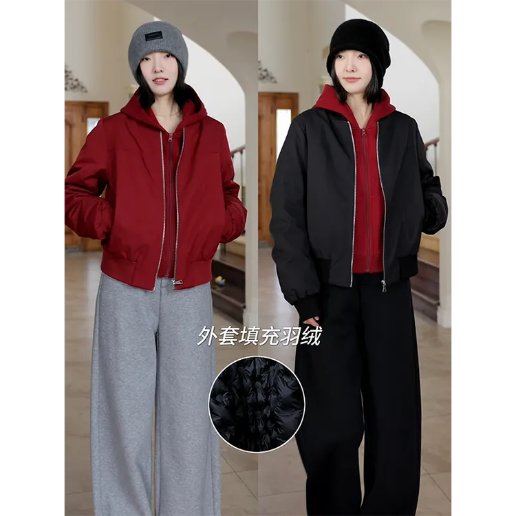 郭九九呢 羽绒服90白鸭绒显瘦棒球夹克外套连帽棉卫衣G924A18658 