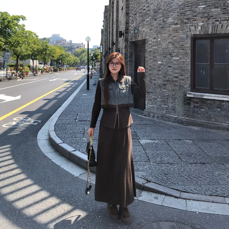 盈盈&南岛风大码女装拼接牛仔假两件上衣秋胖mm显瘦套装ZYY2331