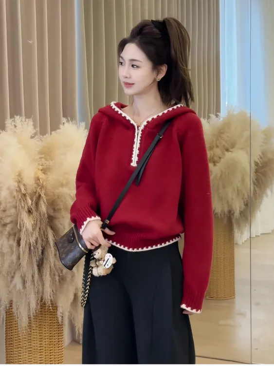 韩系慵懒风拼接花边连帽半拉链毛衣女2025冬季新款拼接软糯针织衫