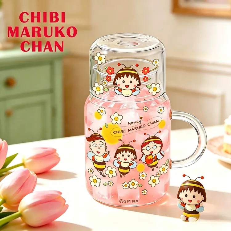 【一壶一杯】正版樱桃小丸子一人饮玻璃水杯玻璃大容量把手耐热杯子