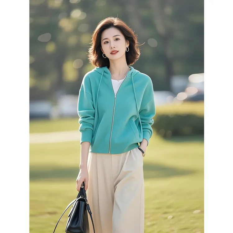 2025年新款超火独特超好看小个子休闲蓝色连帽卫衣外套女装早秋季