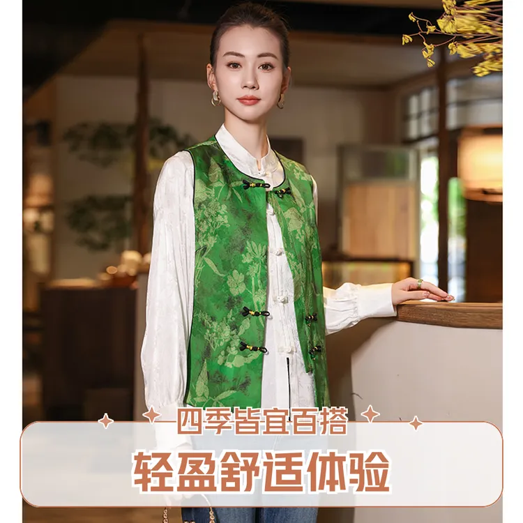 国风马甲马夹绿色休闲百搭复古宽松印花显瘦文艺新中式中式马甲