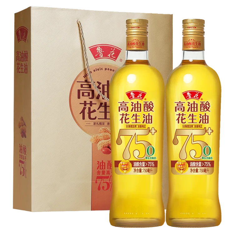 鲁花高油酸花生油750ml*2营养粮油浓香纯正压榨健康食用油礼盒