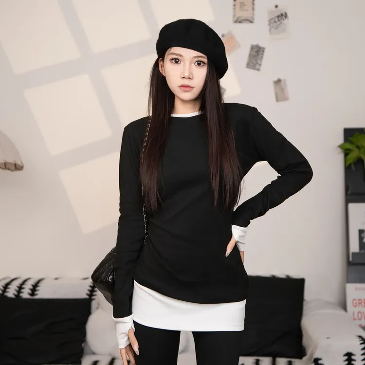 假两件磨毛内搭打底衫女秋冬新款高级感中长款搭配鲨鱼裤拼接上衣