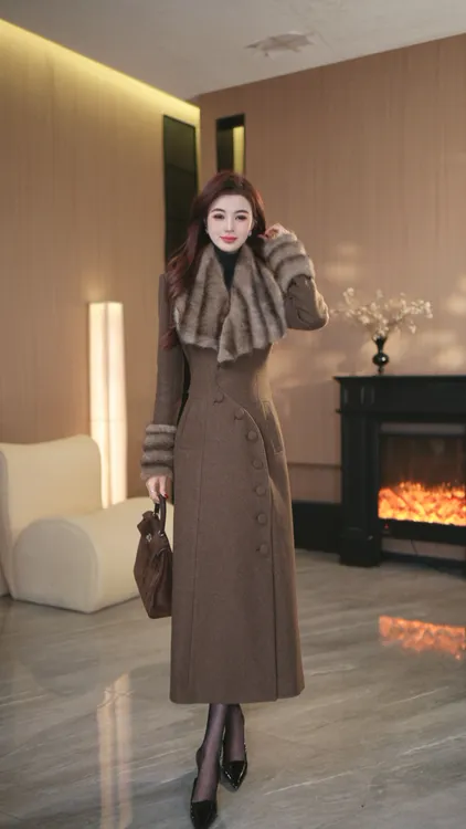 罗曼定制  原创设计复古冬季法式大衣厚款秋冬时尚毛呢外套长款