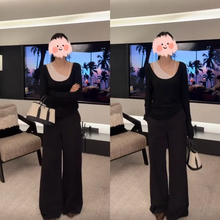 2025百搭秋季新款休闲百搭减龄真两件修身上衣直筒显瘦阔腿裤套装