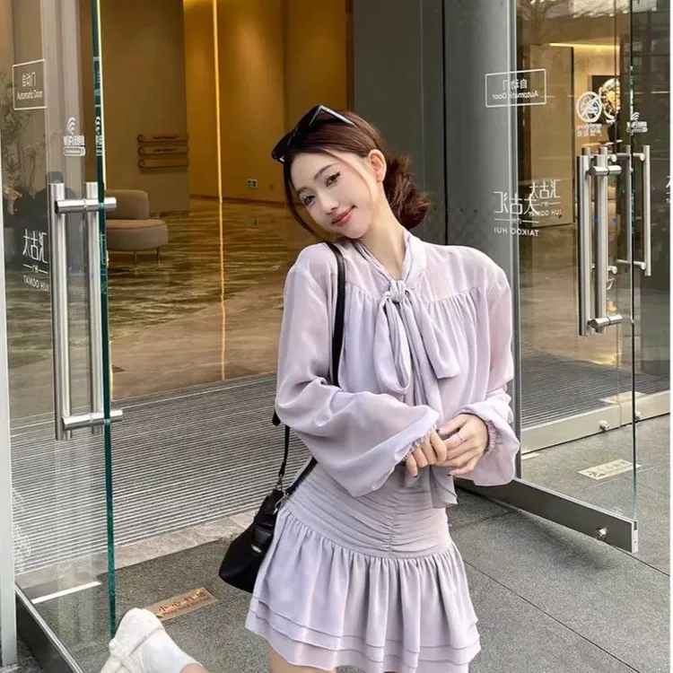 【48H】闪光少女女装蝴蝶结上衣雪纺显瘦法式千金气质三件套25053