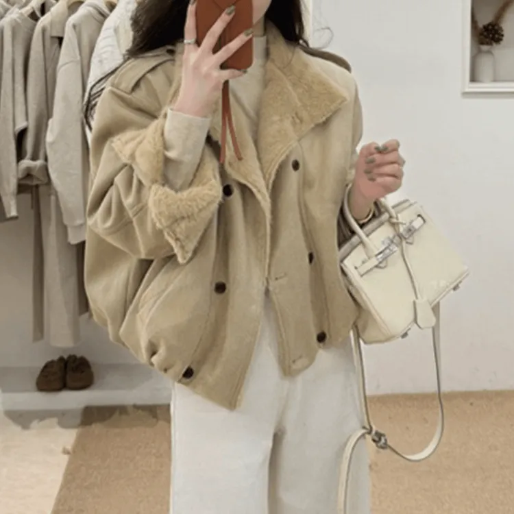 慵懒风双排扣短款外套女冬季新款小个子宽松加厚加绒保暖夹克上衣