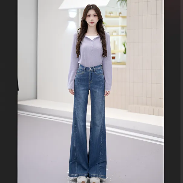 【张雨绮同款】ONLY秋冬重工贴钻高腰显瘦喇叭裤牛仔裤女|125332066