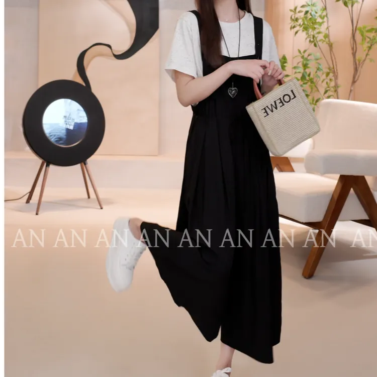 【专柜品质】夏季新款减龄松弛感宽松黑色抽绳收腰阔腿休闲背带裤