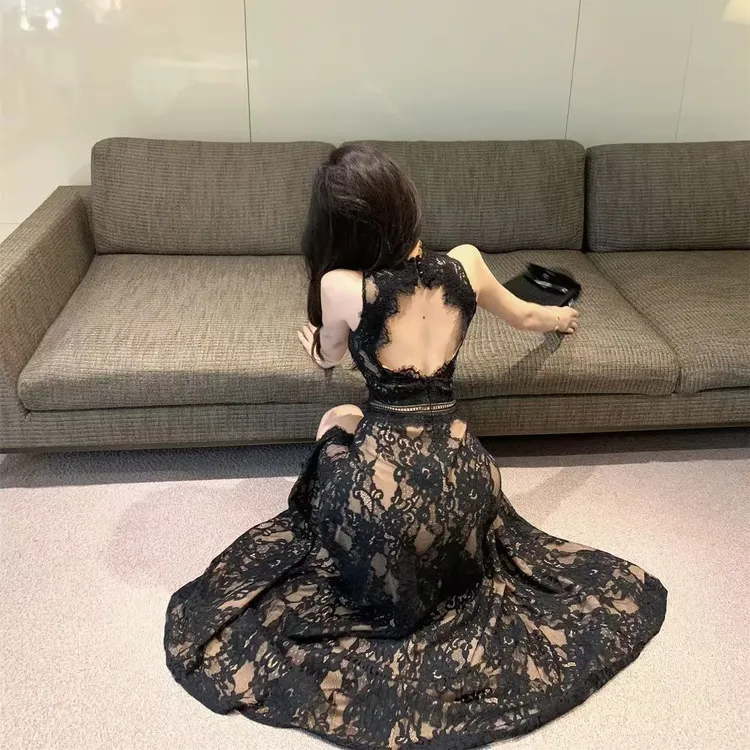 韩系纯欲性感无袖连衣裙女2025夏季新款镂空蕾丝长裙高级感裙子