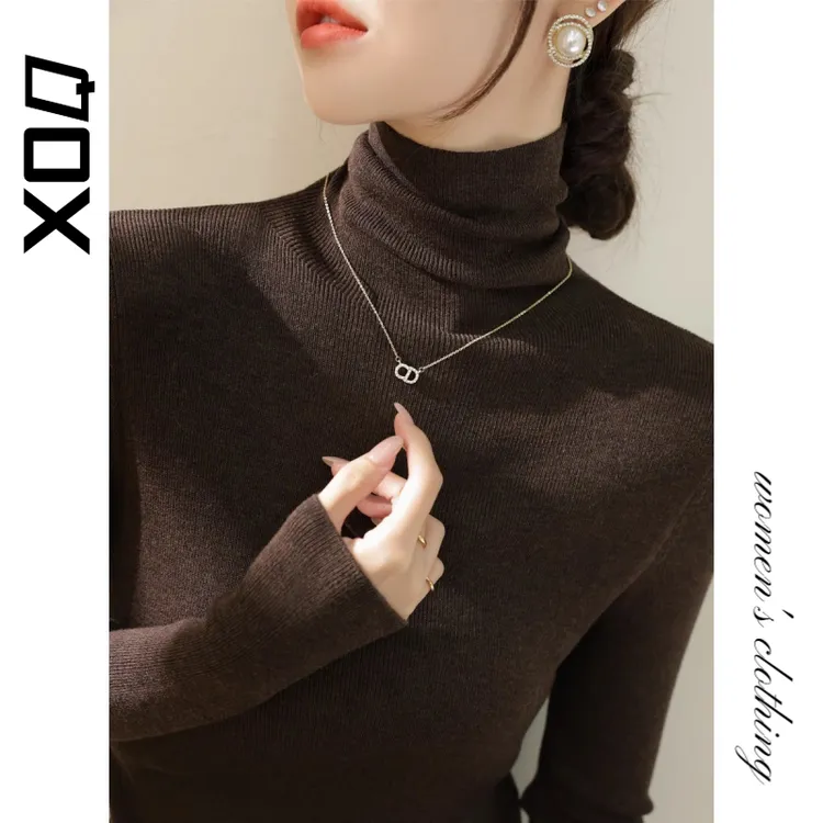 XOQ慵懒风高级咖色堆堆领内搭针织打底衫女新款2025秋冬长袖上衣
